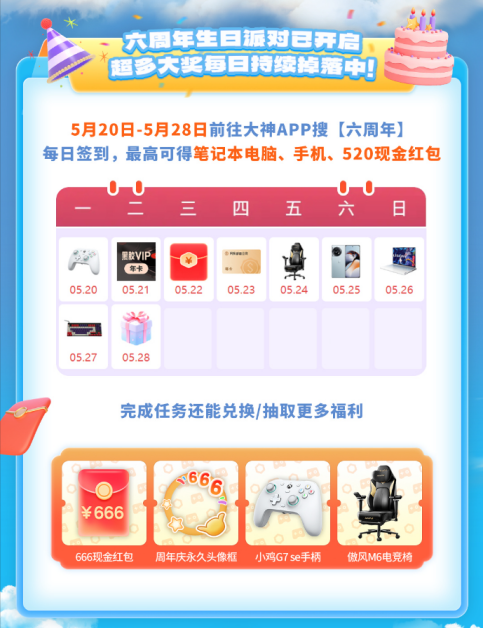 游戲聯(lián)動(dòng)送超級(jí)福利 上大神APP歡慶六周年暢享福利好禮