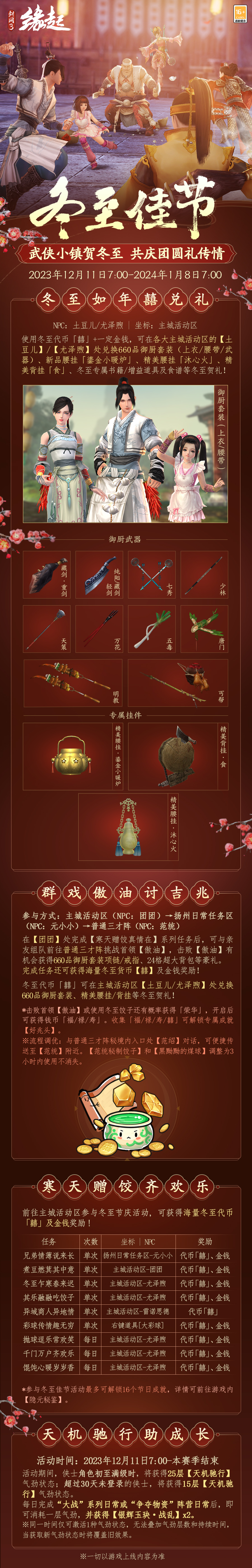 《劍網(wǎng)3緣起》冬至活動(dòng)樂(lè)融融 行俠令豪禮加碼來(lái)襲