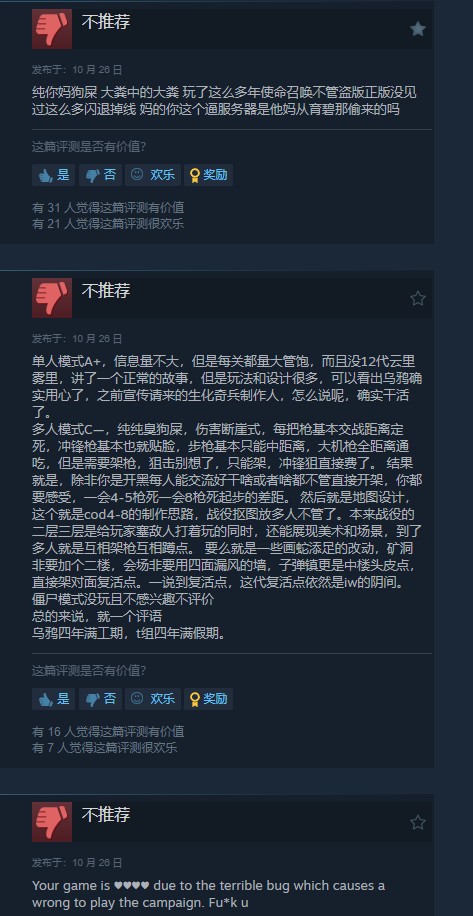 《使命召喚21》Steam褒貶不一，多人模式被噴！